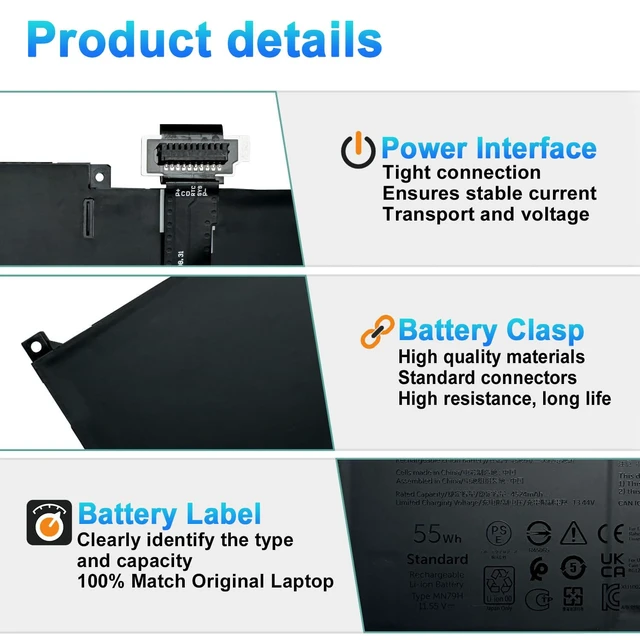 Alt view image 3 of 7 - MN79H Laptop Battery for Dell XPS 13 Plus 9320 P151G Series for Dell XPS 13 9340 9345 93204K XPS93207523BLKPUS XPS93207585SLVPUS Series 2FVJM J7H5M NXRKW 0NXRKW 11.55V 55Wh 4524mAh