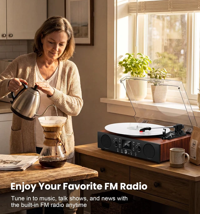 Alt view image 2 of 7 - Classic Walnut Bluetooth Record Player, 3-Speed Turntable Classic walnut design with belt-drive performance, Bluetooth, FM radio, USB recording, stereo speakers and auto stop