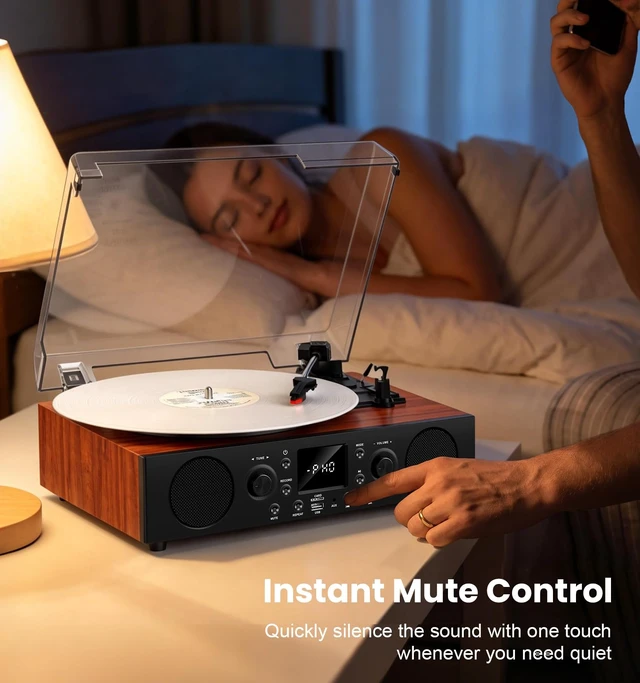 Alt view image 4 of 7 - Classic Walnut Bluetooth Record Player, 3-Speed Turntable Classic walnut design with belt-drive performance, Bluetooth, FM radio, USB recording, stereo speakers and auto stop