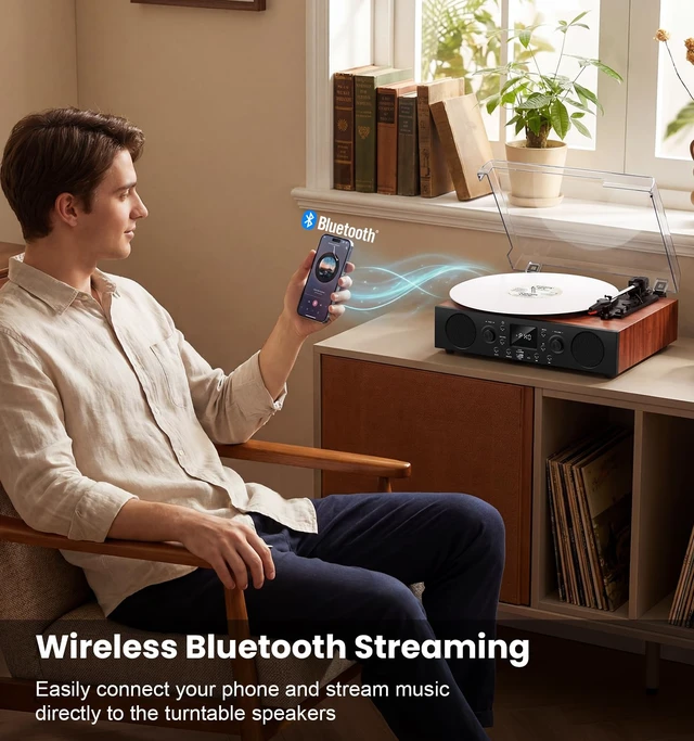 Alt view image 6 of 7 - Classic Walnut Bluetooth Record Player, 3-Speed Turntable Classic walnut design with belt-drive performance, Bluetooth, FM radio, USB recording, stereo speakers and auto stop