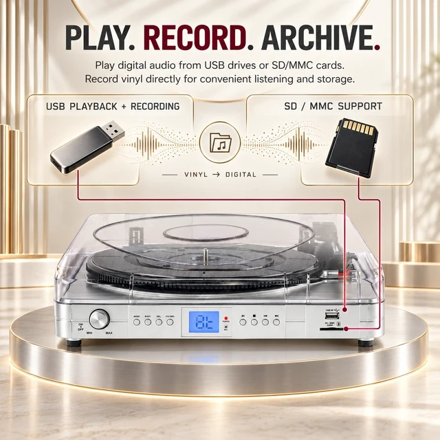 Alt view image 6 of 7 - Elegant Silver Record Player for Home Listening, 3-Speed Belt-Drive Turntable with Bluetooth, USB/SD Playback, Built-in Stereo Speakers, LED Display and RCA Line Out
