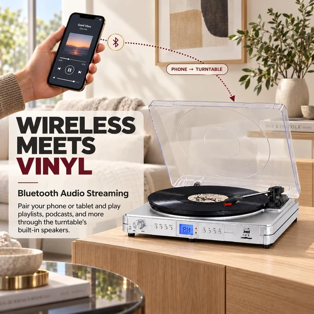 Alt view image 4 of 7 - Elegant Silver Record Player for Home Listening, 3-Speed Belt-Drive Turntable with Bluetooth, USB/SD Playback, Built-in Stereo Speakers, LED Display and RCA Line Out