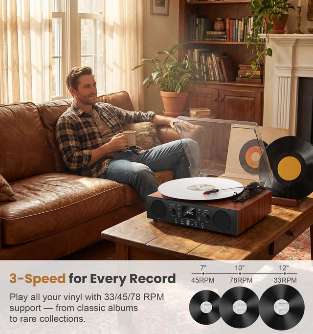 Alt view image 7 of 7 - Classic Walnut Bluetooth Record Player, 3-Speed Turntable Classic walnut design with belt-drive performance, Bluetooth, FM radio, USB recording, stereo speakers and auto stop
