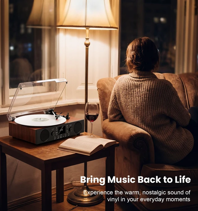 Alt view image 5 of 7 - Classic Walnut Bluetooth Record Player, 3-Speed Turntable Classic walnut design with belt-drive performance, Bluetooth, FM radio, USB recording, stereo speakers and auto stop