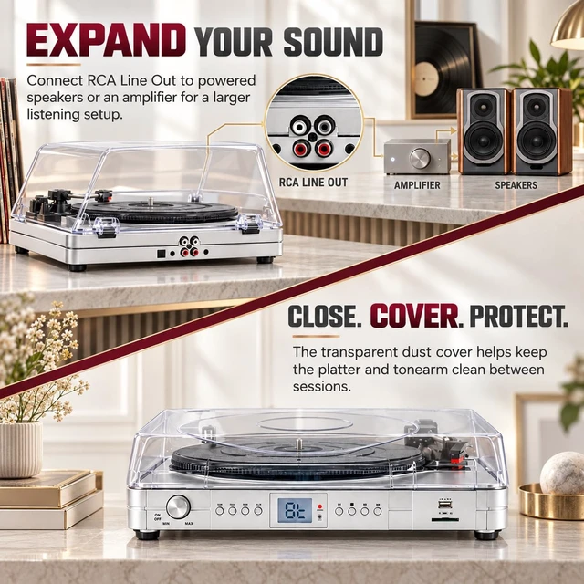 Alt view image 5 of 7 - Elegant Silver Record Player for Home Listening, 3-Speed Belt-Drive Turntable with Bluetooth, USB/SD Playback, Built-in Stereo Speakers, LED Display and RCA Line Out