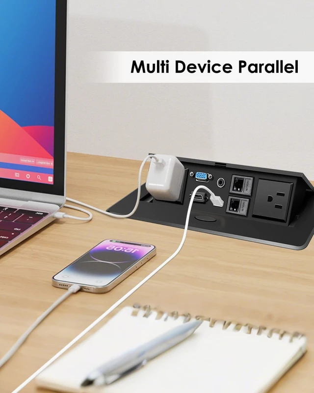 Alt view image 4 of 6 - Pop Up Conference Table Power Outlet with 4KHDMI, VGA, RJ45, USB & AC Ports 45° Pop-Up Desktop Hub with AC Power, 4KHDMI, VGA, RJ45 & USB Ports for Conference Tables, Offices and Meeting Rooms
