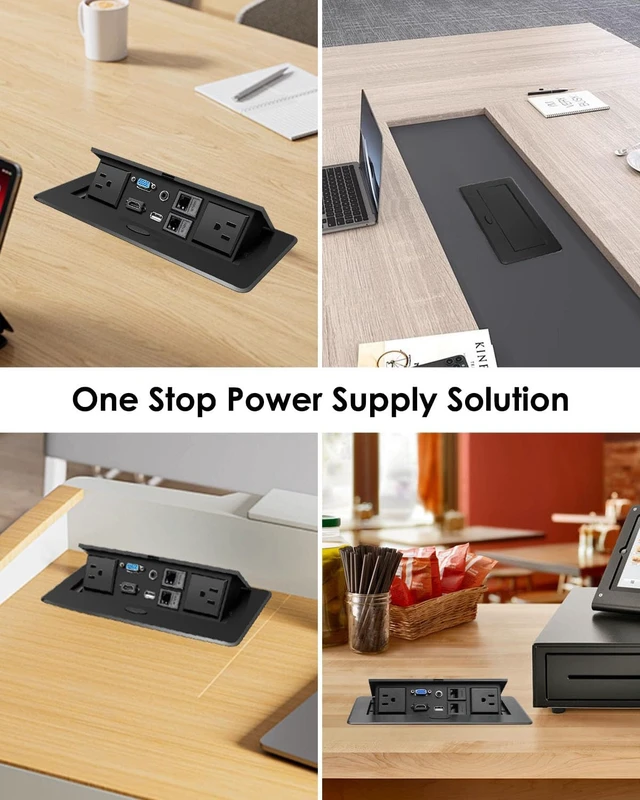 Alt view image 5 of 6 - Pop Up Conference Table Power Outlet with 4KHDMI, VGA, RJ45, USB & AC Ports 45° Pop-Up Desktop Hub with AC Power, 4KHDMI, VGA, RJ45 & USB Ports for Conference Tables, Offices and Meeting Rooms