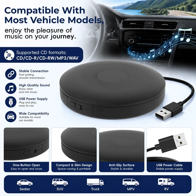 Alt view image 4 of 7 - Portable External Bluetooth CD Player for Car USB 3.0 Type C CD Player Compatible with Laptop Desktop Computer TV and Android 4.4+ Navigation System
