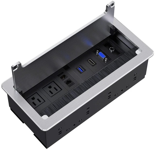 Main image of Recessed Connectivity Box Outlet for Conference Room Table with 2AC Receptacle,2RJ45, 1USB3.0, 1HDMI, 1 VGA, 13.5mm Audio, Silver Color