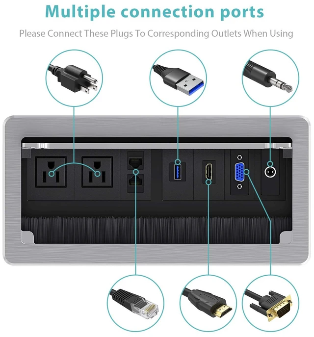 Alt view image 3 of 6 - Recessed Connectivity Box Outlet for Conference Room Table with 2AC Receptacle,2RJ45, 1USB3.0, 1HDMI, 1 VGA, 13.5mm Audio, Silver Color