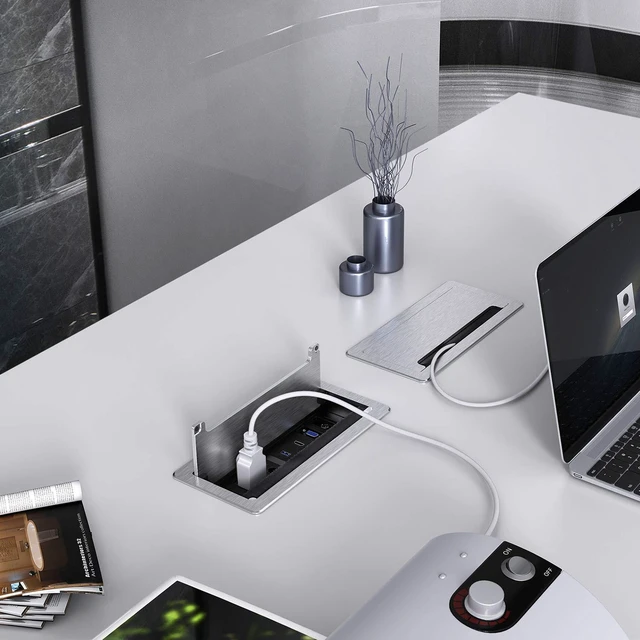 Alt view image 6 of 6 - Recessed Connectivity Box Outlet for Conference Room Table with 2AC Receptacle,2RJ45, 1USB3.0, 1HDMI, 1 VGA, 13.5mm Audio, Silver Color