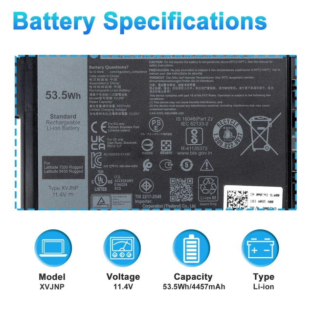 Alt view image 2 of 7 - XVJNP Laptop Battery for Dell Latitude 5430 7330 Rugged Extreme P148G P148G001 P149G P149G001 Series 6JRCP 06JRCP M0TN3 451-BCWQ KD1C 11.4V 53.5Wh 4457mAh