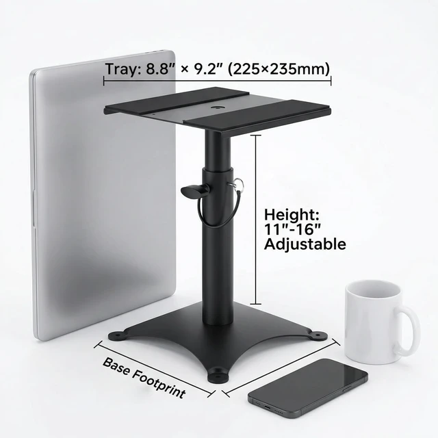 Alt view image 2 of 6 - Height Adjustable Desktop Speaker Stands 1 Pair, Metal Desktop Studio Monitor Speaker Stands Bookshelf Speaker Stands 360° Swivel, 62lbs Load, Ideal for Recording Studio, Home Office & Gaming