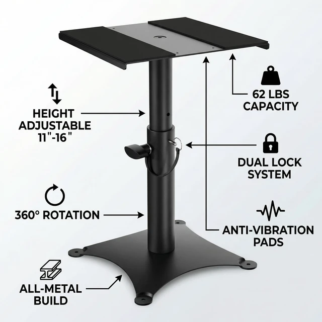 Alt view image 3 of 6 - Height Adjustable Desktop Speaker Stands 1 Pair, Metal Desktop Studio Monitor Speaker Stands Bookshelf Speaker Stands 360° Swivel, 62lbs Load, Ideal for Recording Studio, Home Office & Gaming