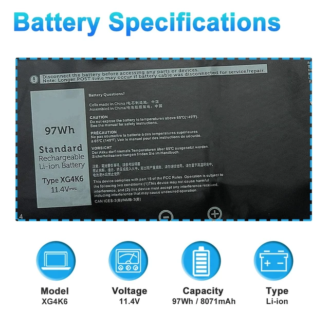 Alt view image 2 of 7 - XG4K6 Laptop Battery for Dell XPS 17 9700 9710 9720 9730 Series Replacement for Dell Precision 5750 5760 5770 Series P92F P92F001 P92F002 P92F003 01RR3 F8CPG 5XJ6R KVPMY 11.4V 97Wh 8071mAh