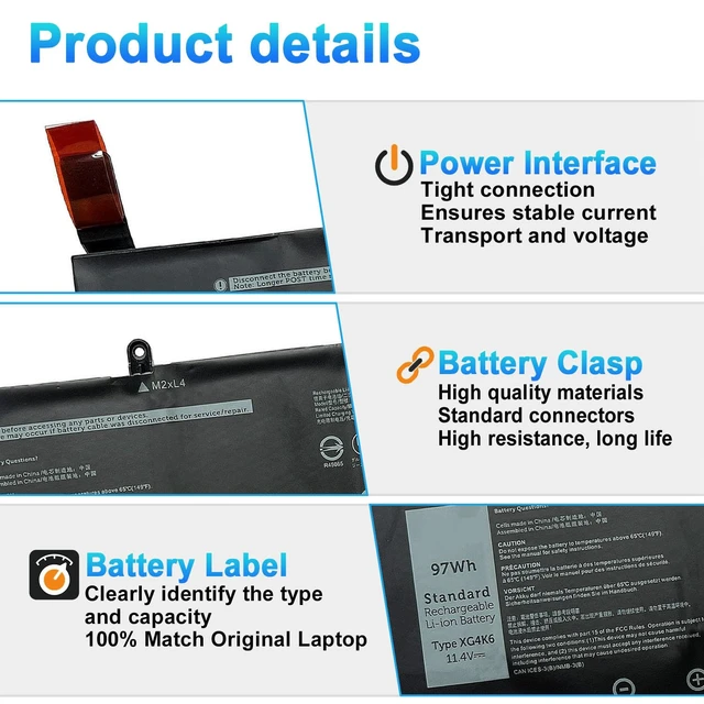 Alt view image 3 of 7 - XG4K6 Laptop Battery for Dell XPS 17 9700 9710 9720 9730 Series Replacement for Dell Precision 5750 5760 5770 Series P92F P92F001 P92F002 P92F003 01RR3 F8CPG 5XJ6R KVPMY 11.4V 97Wh 8071mAh