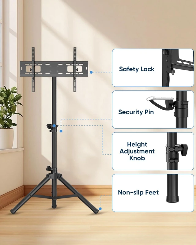 Alt view image 7 of 7 - Portable Tripod TV Stand for 26-75 inch TVs, Outdoor TV Stand Mount with 15° Tilt, Height Adjustable Floor TV Stands for Flat/Curved Screens up to 100lbs, Max VESA 600x400mm, FORGINGMOUNT