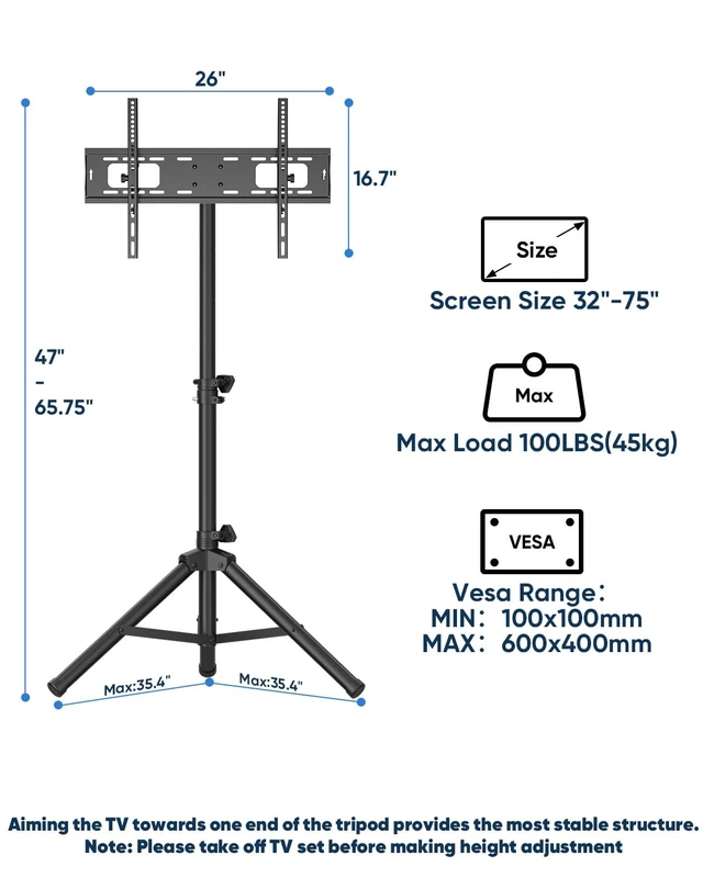Alt view image 2 of 7 - Portable Tripod TV Stand for 26-75 inch TVs, Outdoor TV Stand Mount with 15° Tilt, Height Adjustable Floor TV Stands for Flat/Curved Screens up to 100lbs, Max VESA 600x400mm, FORGINGMOUNT