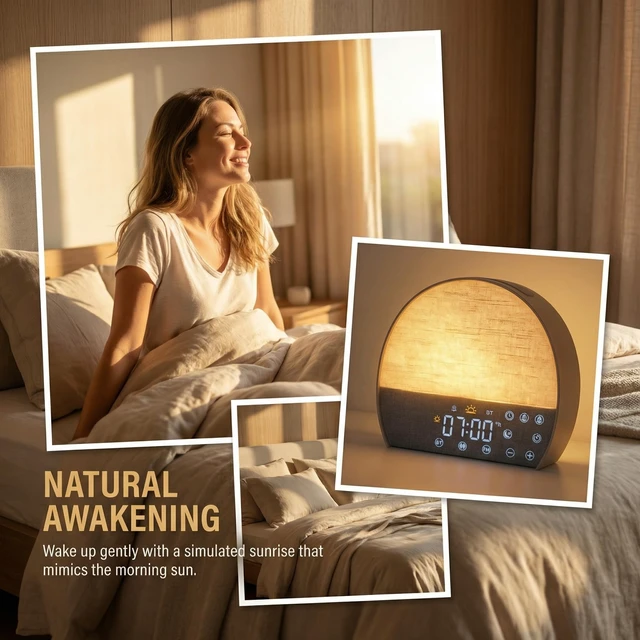 Alt view image 2 of 7 - Sunrise Alarm Clock for Heavy Sleepers, Natural Wake Up Light Sound Machine Dual Alarm, Sunrise/Sunset Sim, 10 Soothing Sounds, 30 Dimmable Reading Lamp, Bluetooth & FM Radio, Tap Snooze, Auto Timer
