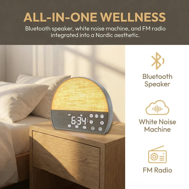 Alt view image 3 of 7 - Sunrise Alarm Clock for Heavy Sleepers, Natural Wake Up Light Sound Machine Dual Alarm, Sunrise/Sunset Sim, 10 Soothing Sounds, 30 Dimmable Reading Lamp, Bluetooth & FM Radio, Tap Snooze, Auto Timer