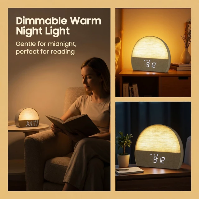 Alt view image 5 of 7 - Sunrise Alarm Clock for Heavy Sleepers, Natural Wake Up Light Sound Machine Dual Alarm, Sunrise/Sunset Sim, 10 Soothing Sounds, 30 Dimmable Reading Lamp, Bluetooth & FM Radio, Tap Snooze, Auto Timer