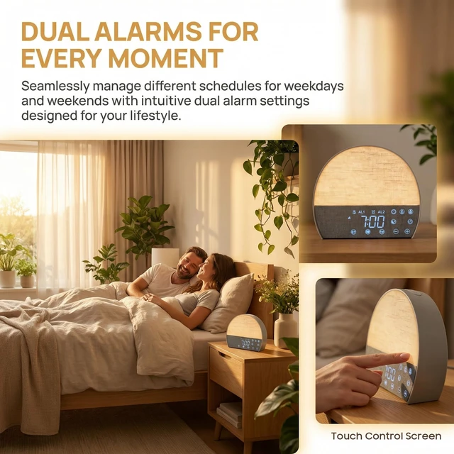 Alt view image 4 of 7 - Sunrise Alarm Clock for Heavy Sleepers, Natural Wake Up Light Sound Machine Dual Alarm, Sunrise/Sunset Sim, 10 Soothing Sounds, 30 Dimmable Reading Lamp, Bluetooth & FM Radio, Tap Snooze, Auto Timer