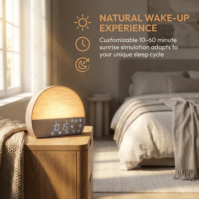 Alt view image 7 of 7 - Sunrise Alarm Clock for Heavy Sleepers, Natural Wake Up Light Sound Machine Dual Alarm, Sunrise/Sunset Sim, 10 Soothing Sounds, 30 Dimmable Reading Lamp, Bluetooth & FM Radio, Tap Snooze, Auto Timer
