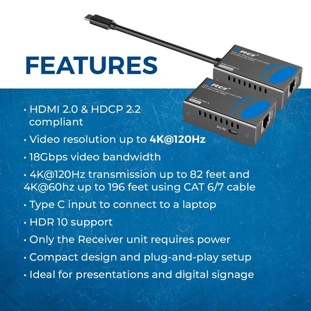 Alt view image 7 of 7 - 4K 120Hz USB-C to HDMI Over Cat6 Ethernet Extender 80ft HDR10 HDCP 2.2 USB C HDMI Extender HDMI 2.0, 18Gbps, 4K60 up to 196ft, EDID Pass-Through, Auto Downscaling, PCM, DTS, Dolby, HDMI 3D