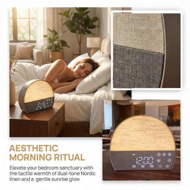 Alt view image 6 of 7 - Sunrise Alarm Clock for Heavy Sleepers, Natural Wake Up Light Sound Machine Dual Alarm, Sunrise/Sunset Sim, 10 Soothing Sounds, 30 Dimmable Reading Lamp, Bluetooth & FM Radio, Tap Snooze, Auto Timer