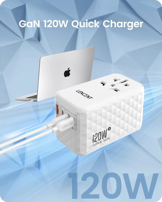 Alt view image 3 of 6 - 120W International Travel Adapter, Universal Travel Adapter with 1 USB-A & 3 Type C Power Adaptor, Fast Charging for Phone,Laptops, All-in-One Outlet Adaptor for USA/UK/EU/AUS, White