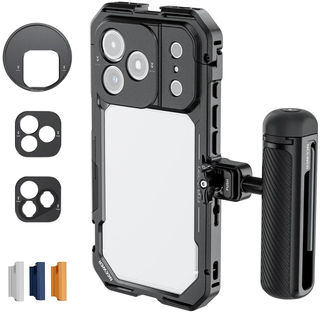 Main image of Phone Cage Kit Compatible with iPhone 17 Pro Only, Video Rig Stabilizer Accessories with 67mm Filter Ring, 17mm & T Mount Lens Backplates, Quick Release Bluetooth Handle, PA143 (Black)