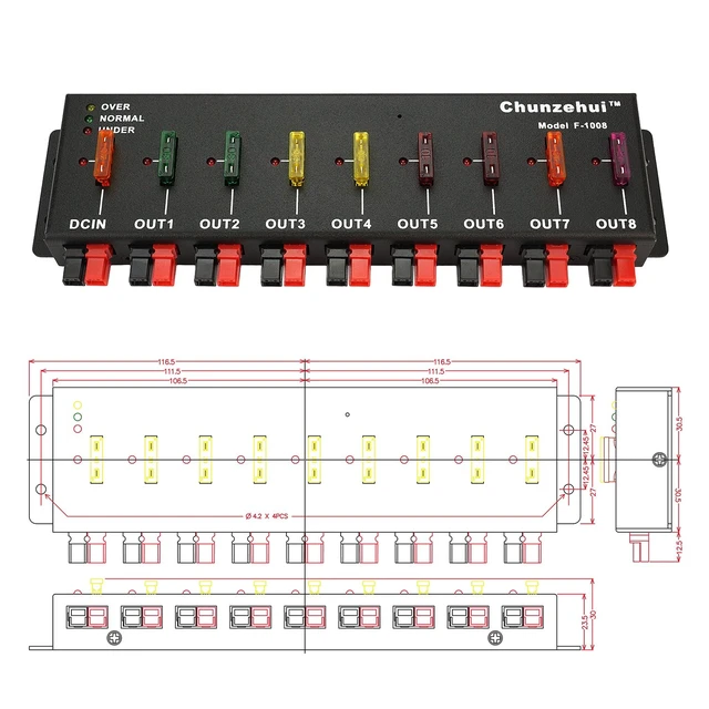 Alt view image 6 of 7 - F-1008 Horizontal 9 Port 40A Connector Power Splitter Distributor Source Strip, 1 Input and 8 Output