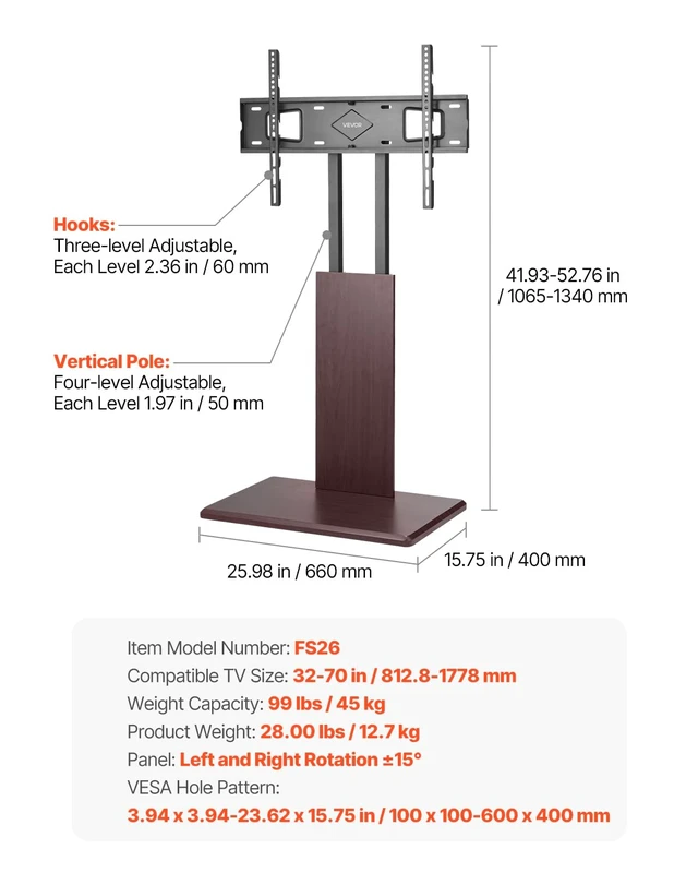 Alt view image 7 of 7 - Universal TV Stand, Table Top TV Stand for 32-70 inch Screens, Swivel and Height Adjustable TV Mount Stand Holds up to 99 lbs with Power Strip, for Living Room, Bedroom, MAX VESA 600 x 400 mm