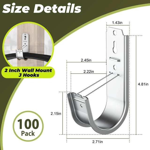 Alt view image 2 of 7 - 100pcs 2 Inch J Hook Wall Mount J Hook With Retainer Clip Rust-Resistant J Hook for Hanging Wire Cable Management & Organization Solution