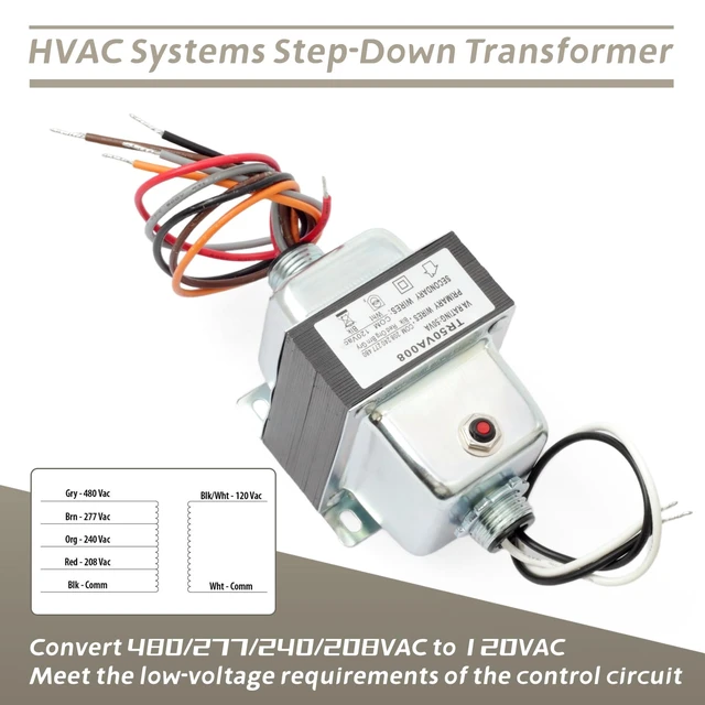 Alt view image 4 of 7 - TR50VA008 Step-Down Transformer with Circuit Breaker Compatible with HVAC Systems 50VA 480/277/240/208VAC to 120VAC, Foot and Dual Threaded Hub Mount
