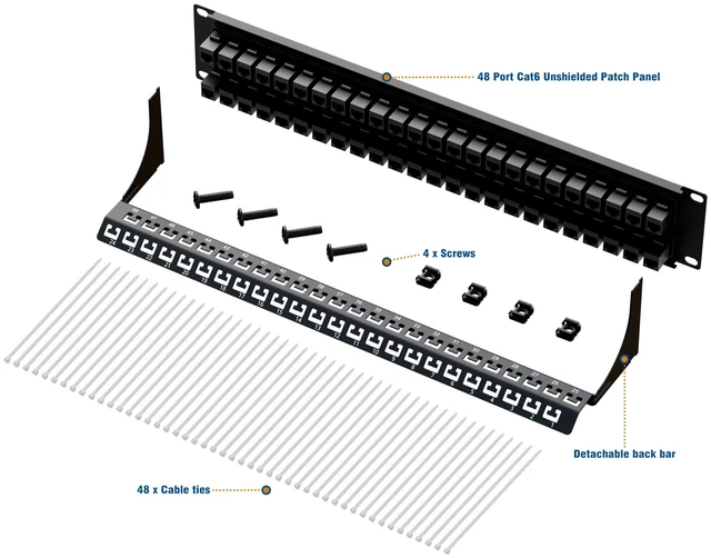Alt view image 5 of 6 - Patch Panel 48 Port, Cat6A Patch Panel UTP 19-Inch with Back Bar 10Gbps 2U Network Keystone Patch Panel, Wallmount or Rackmount, Compatible with Cat5, Cat5e, Cat6, Cat6A Cabling