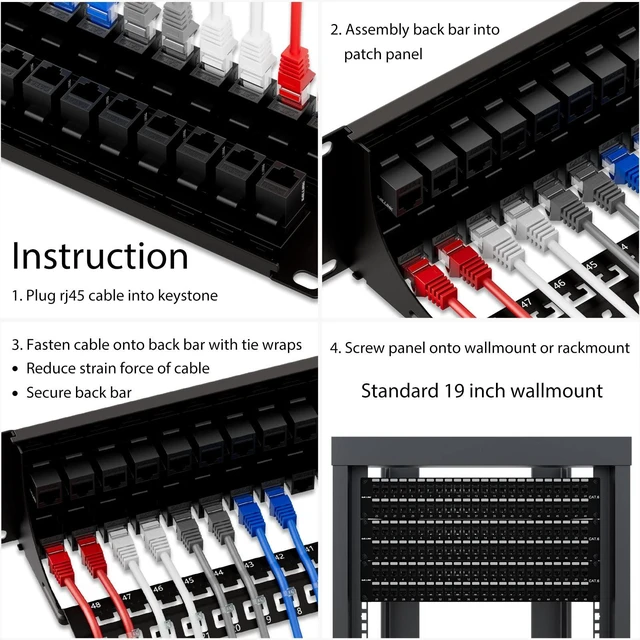 Alt view image 6 of 6 - Patch Panel 48 Port, Cat6A Patch Panel UTP 19-Inch with Back Bar 10Gbps 2U Network Keystone Patch Panel, Wallmount or Rackmount, Compatible with Cat5, Cat5e, Cat6, Cat6A Cabling