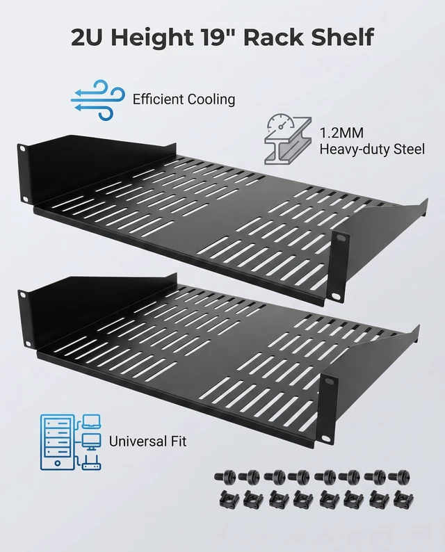 Alt view image 2 of 6 - 2U Server Rack Shelf, Ventilated Cantilever Tray, 14 inches Depth Suitable for 19" Network Equipment Racks and Cabinets,Well-Ventilated,2PCS