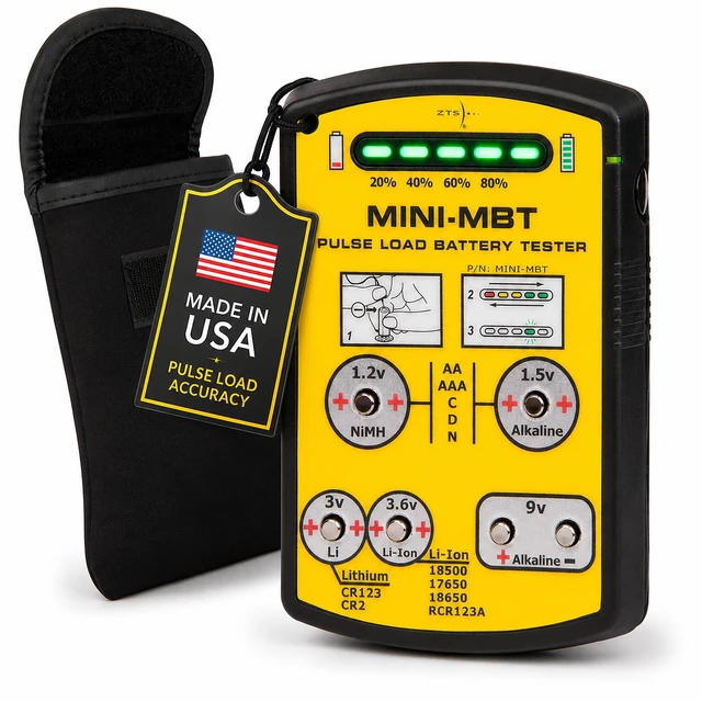 Main image of MINI-MBT Universal Battery Tester, Small Pulse Load Checker for AA AAA C D 9V NiMH CR123 18650, Tests 15+ Types in Seconds, LED Display, Carry Case, USA Made