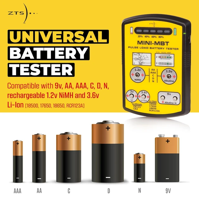 Alt view image 2 of 6 - MINI-MBT Universal Battery Tester, Small Pulse Load Checker for AA AAA C D 9V NiMH CR123 18650, Tests 15+ Types in Seconds, LED Display, Carry Case, USA Made
