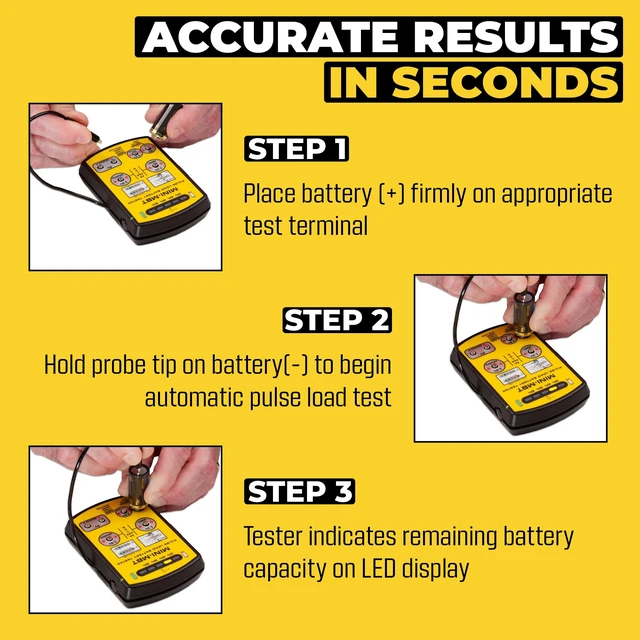Alt view image 4 of 6 - MINI-MBT Universal Battery Tester, Small Pulse Load Checker for AA AAA C D 9V NiMH CR123 18650, Tests 15+ Types in Seconds, LED Display, Carry Case, USA Made
