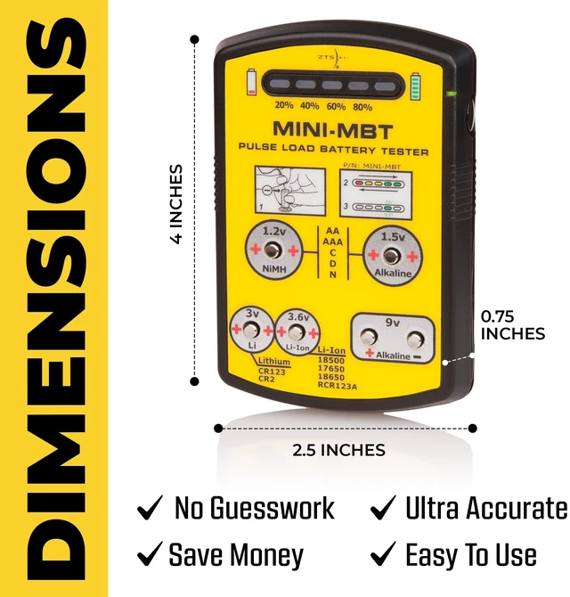 Alt view image 6 of 6 - MINI-MBT Universal Battery Tester, Small Pulse Load Checker for AA AAA C D 9V NiMH CR123 18650, Tests 15+ Types in Seconds, LED Display, Carry Case, USA Made