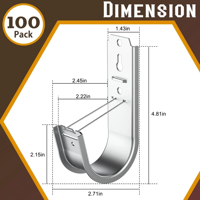 Alt view image 4 of 7 - 100 Pack 2 Inch J Hook Wall Mount J Hook with Retainer Clip Galvanized Steel Cable J Hook for Hanging Wire Management & Organization Solution 2" J Hooks