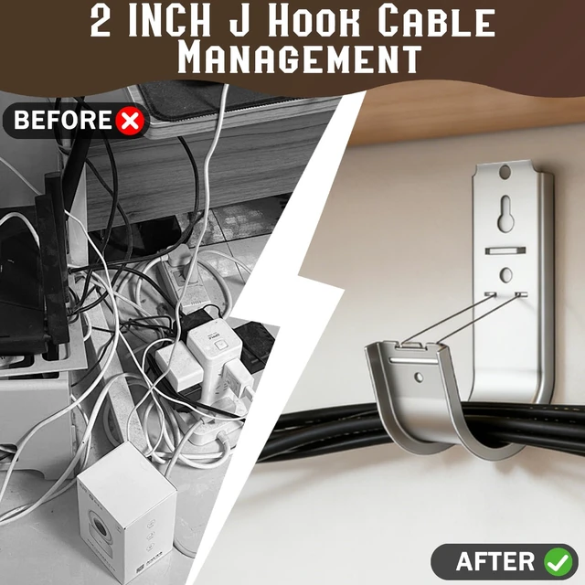 Alt view image 5 of 7 - 100 Pack 2 Inch J Hook Wall Mount J Hook with Retainer Clip Galvanized Steel Cable J Hook for Hanging Wire Management & Organization Solution 2" J Hooks