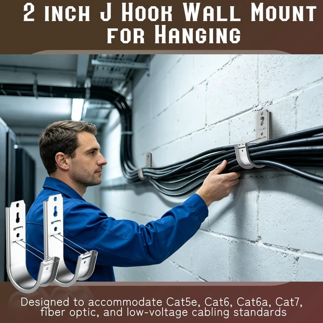 Alt view image 2 of 7 - 100 Pack 2 Inch J Hook Wall Mount J Hook with Retainer Clip Galvanized Steel Cable J Hook for Hanging Wire Management & Organization Solution 2" J Hooks