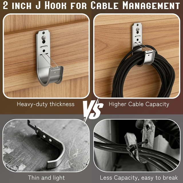 Alt view image 6 of 7 - 100 Pack 2 Inch J Hook Wall Mount J Hook with Retainer Clip Galvanized Steel Cable J Hook for Hanging Wire Management & Organization Solution 2" J Hooks