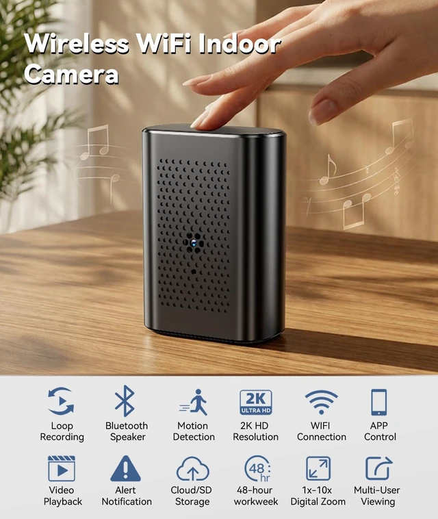 Alt view image 2 of 7 - 4K Wireless WiFi Indoor Security Camera Speaker with Secret Camera 240° Wide, Outdoor Camera, App Control, For Home/Pet/Baby/Office