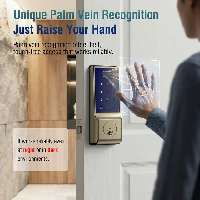 Alt view image 2 of 7 - LeLoupFidele Palm Vein Smart Door Lock for Front Door Palm Lock, 6-in-1 Keyless Entry Deadbolt, App Control Auto Lock Waterproof for Front Door