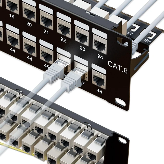 Main image of Cat6 Shielded Patch Panel 48 Port with RJ45 Keystone Coupler 10Gbps Patch Panel, STP Patch Panels 19'' 2U with Back Bar, Wallmount/Rackmount, Cat5, Cat5e, Cat6 Cabling
