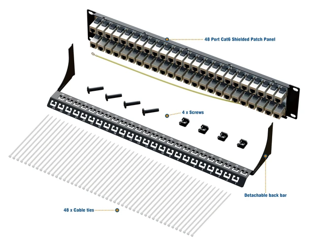 Alt view image 5 of 6 - Cat6 Shielded Patch Panel 48 Port with RJ45 Keystone Coupler 10Gbps Patch Panel, STP Patch Panels 19'' 2U with Back Bar, Wallmount/Rackmount, Cat5, Cat5e, Cat6 Cabling